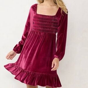 Lauren Conrad Square Neck Velvet Burgundy Dress